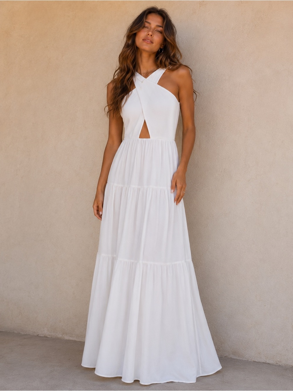 Aidan Mattox Ivory Crisscross Halter Cutout Chiffon Tiered Maxi Gown Size 0